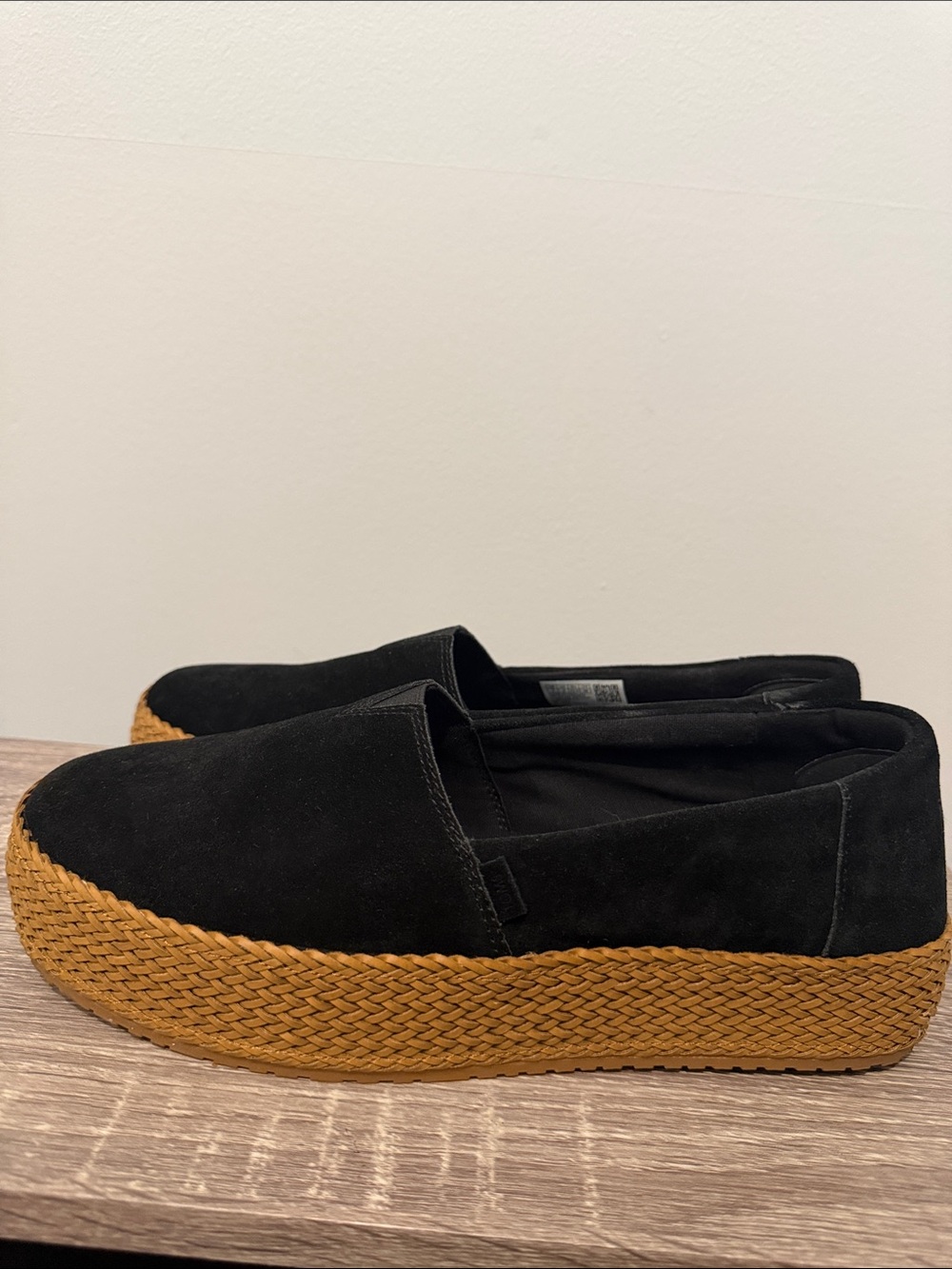 Toms Black Suede Slip-On Loafers with Tan Braided Platform
